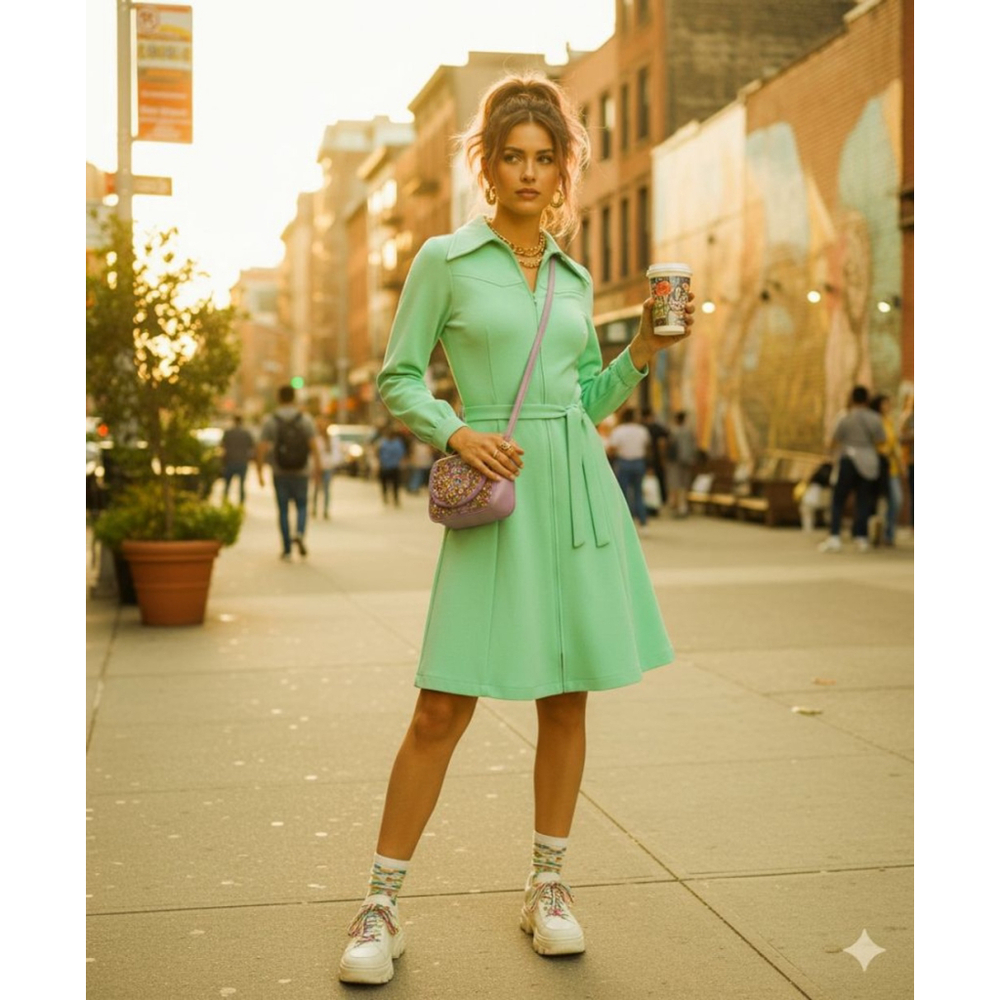 R&K Originals mint green 1970s knit polyester day dress